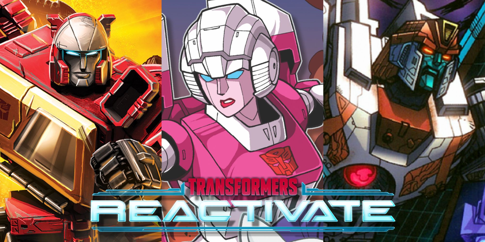 Split image of blaster, Arcee, and, Vector Prime from the Transformers franchise