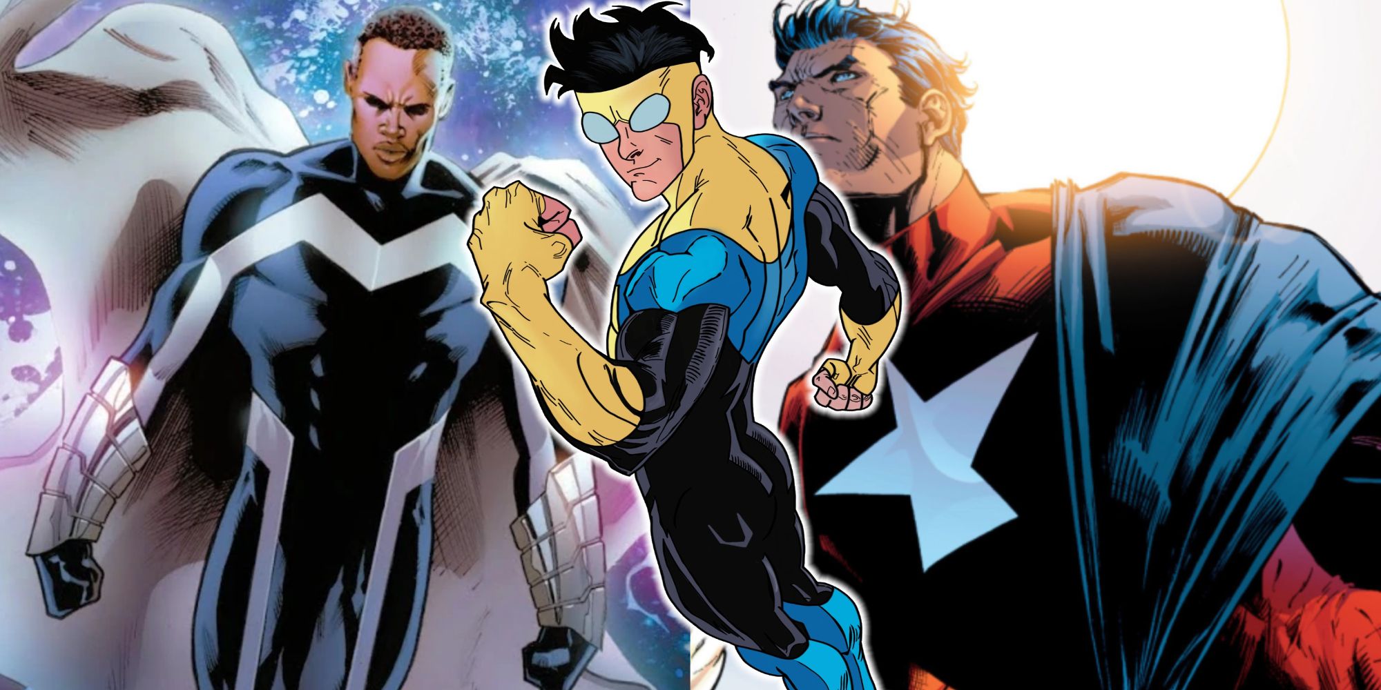 Split image of Blue Marvel in Marvel Comics, Samaritan from Astro City, and Invincible in Image Comics