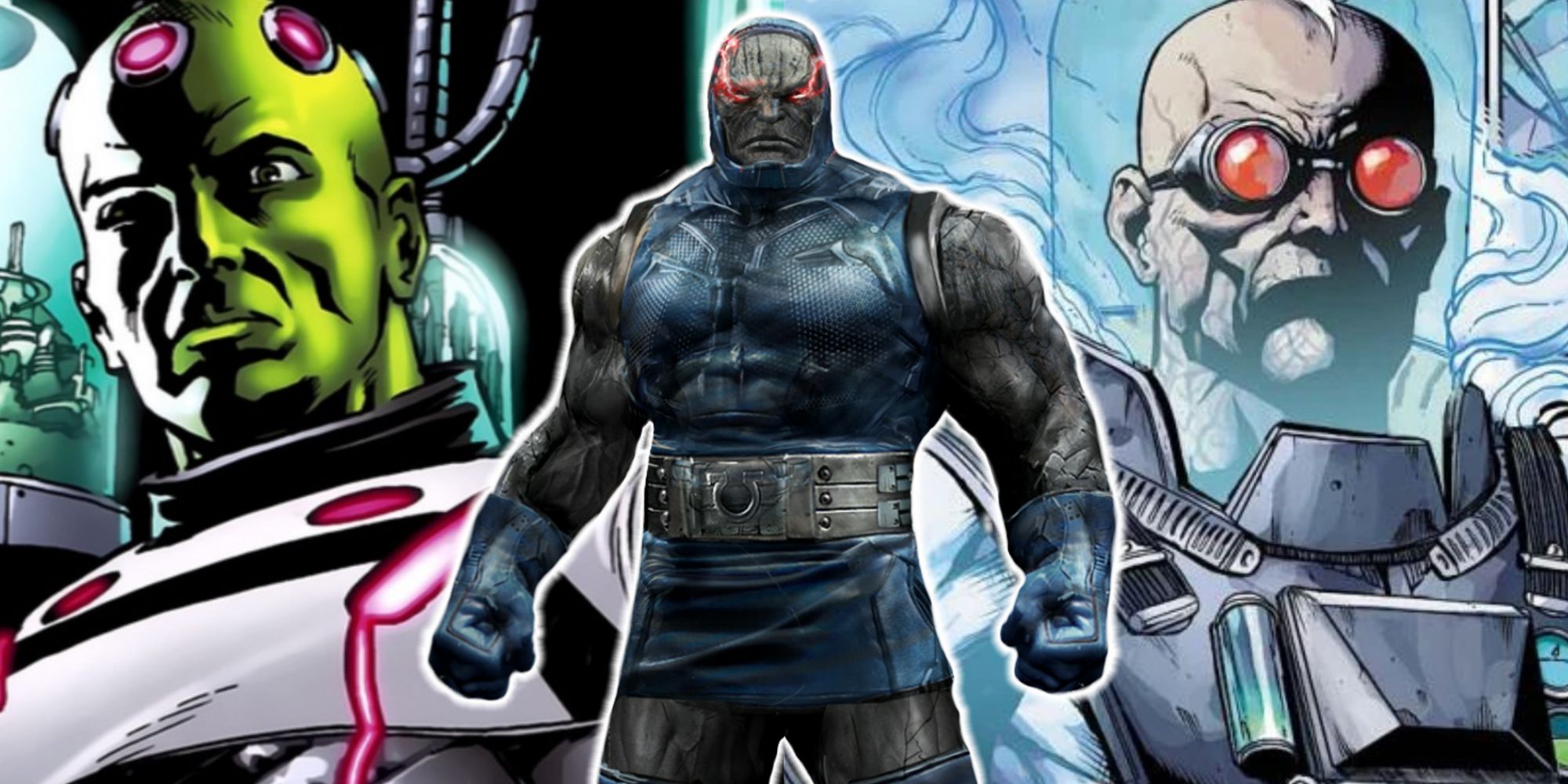 Split image of Brainiac, Mr. Freeze, and Darkseid