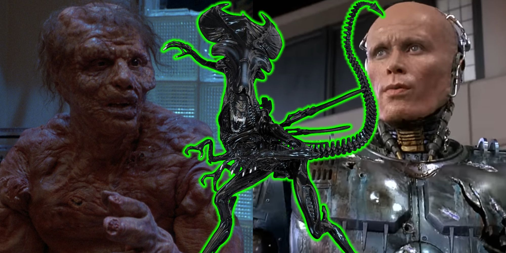 Split image of Brundlefly, RoboCop, and a Xenomorph Queen in '80s movies