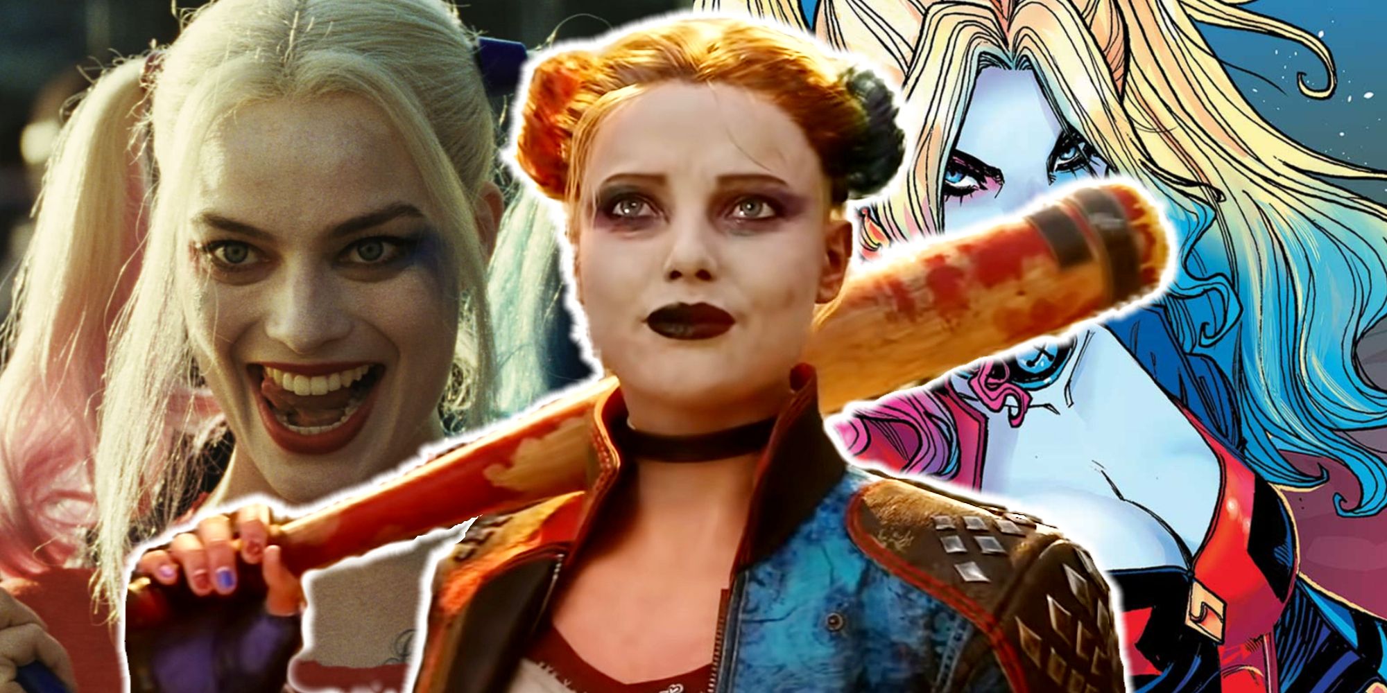 Split image of different versions of Harley Quinn across media
