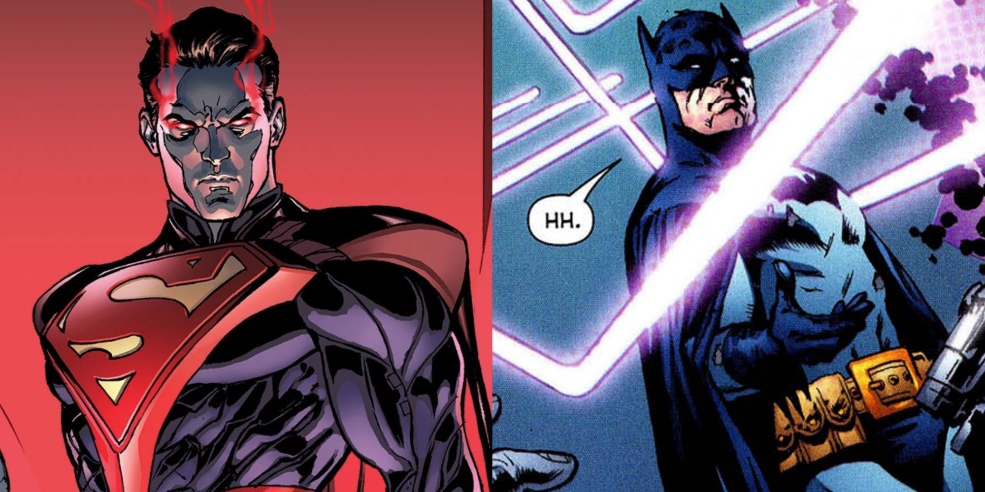 Split image of Injustice Superman and Batman dodging Darkseid's Omega Beams