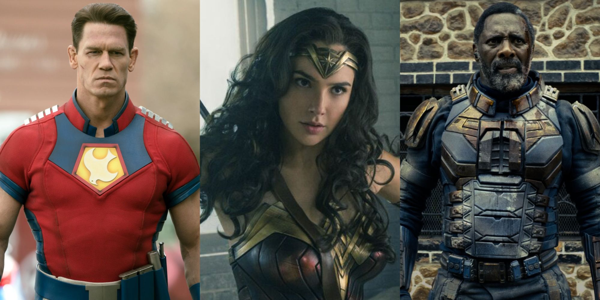 Split image of John Cena as Peacemaker, Gal Gadot as Wonder Woman, and Idris Elba as Bloodsport