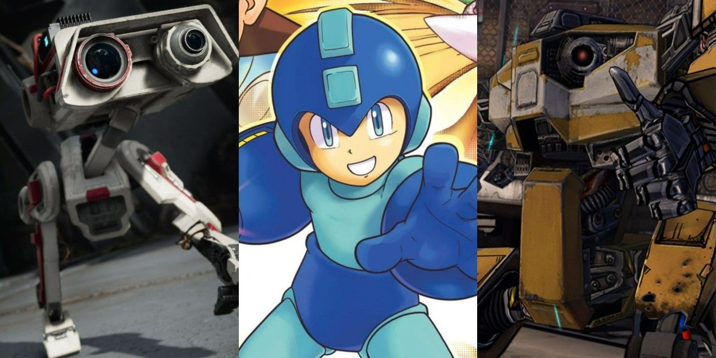 A split image of robots from various video games, including BD-1, Mega Man, and Loader Bot games (4)