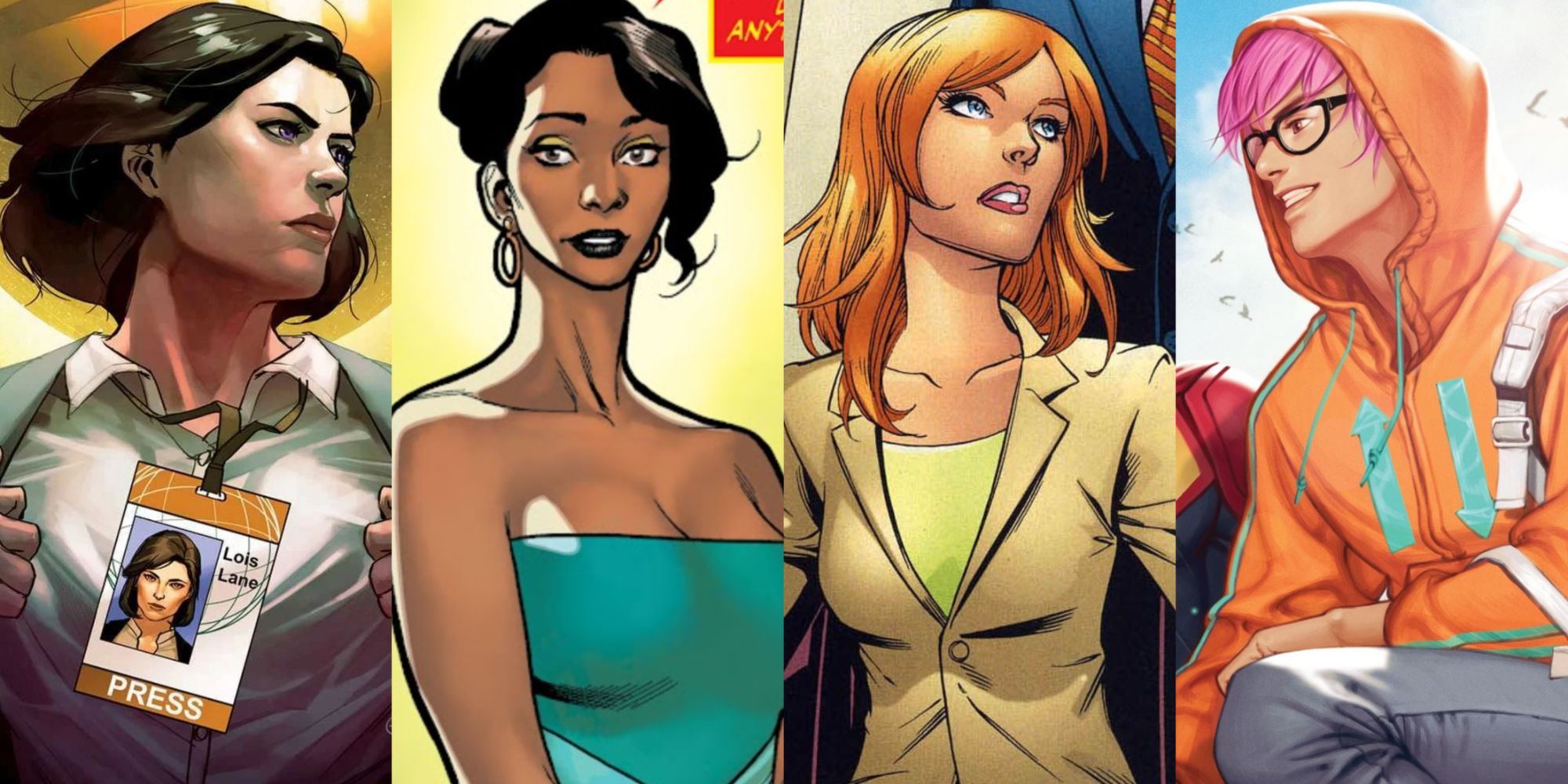 Split image of Lois Lane, Iris West, Vicki Vale, and Jay Nakamura in DC Comics