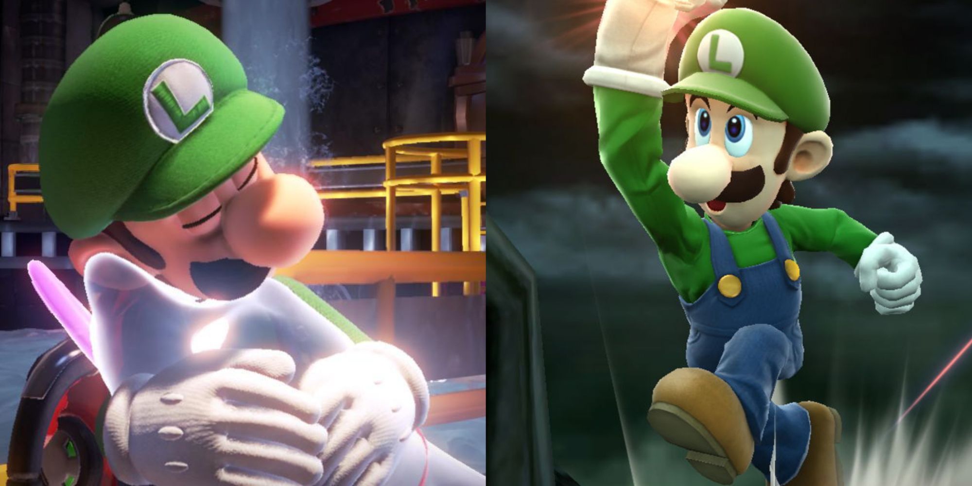 Split image of Luigi hugging Polterpup and performing a high jump in various Nintendo games