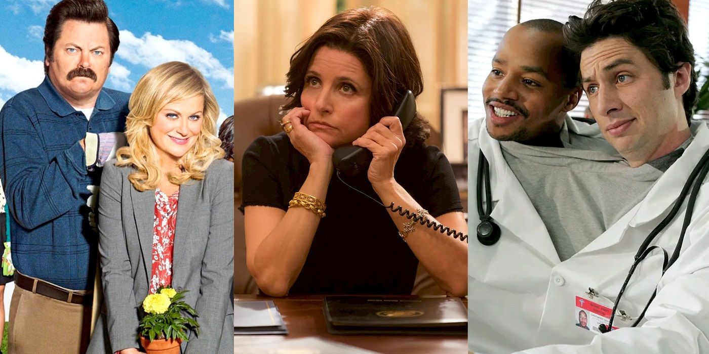 A split Image of Leslie and Ron from Parks and Recreation, Selina Meyer from Veep and JD and Turk from Scrubs