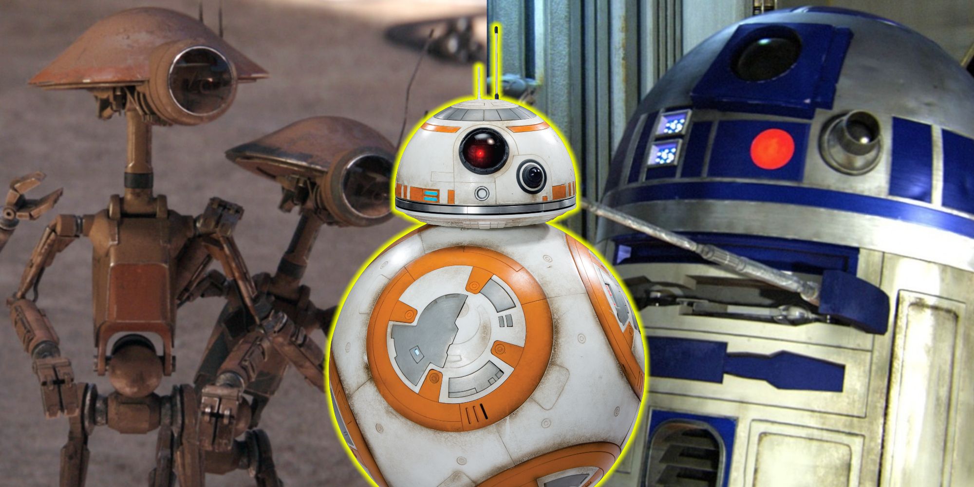 Split image of Pit Droids, BB-8, and R2-D2 in Star Wars