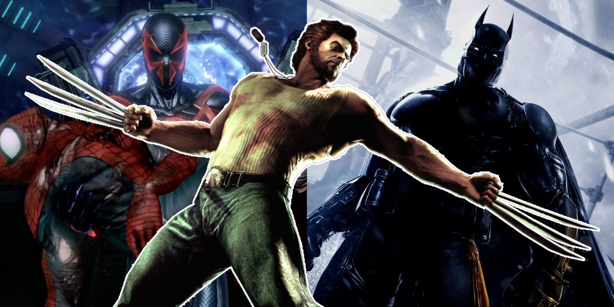 Split image of Spider-Man, Batman, and Wolverine from various underrated superhero games