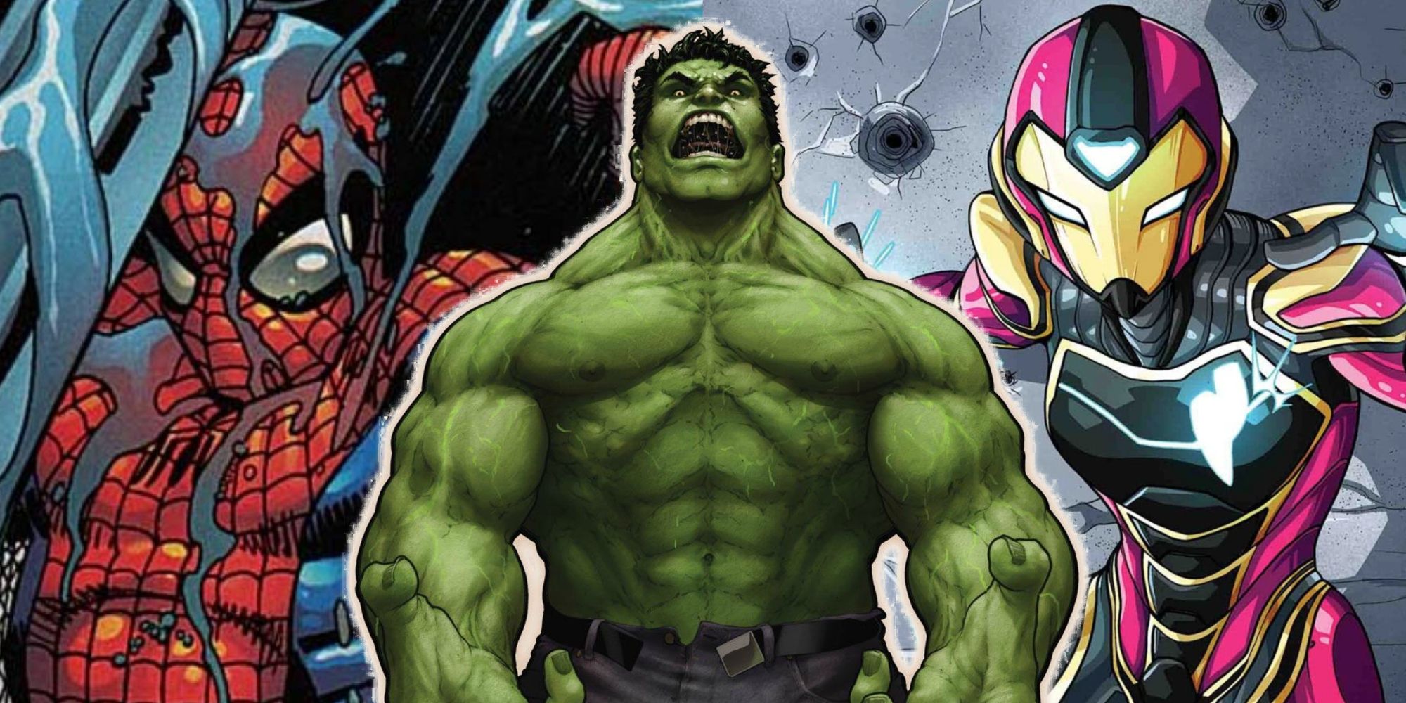 Split image of Spider-Man, Ironheart, and the Hulk in Marvel Comics