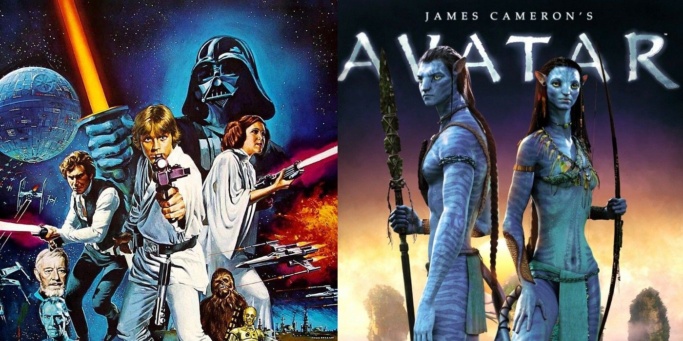Split image of Star Wars and Avatar movie posters.