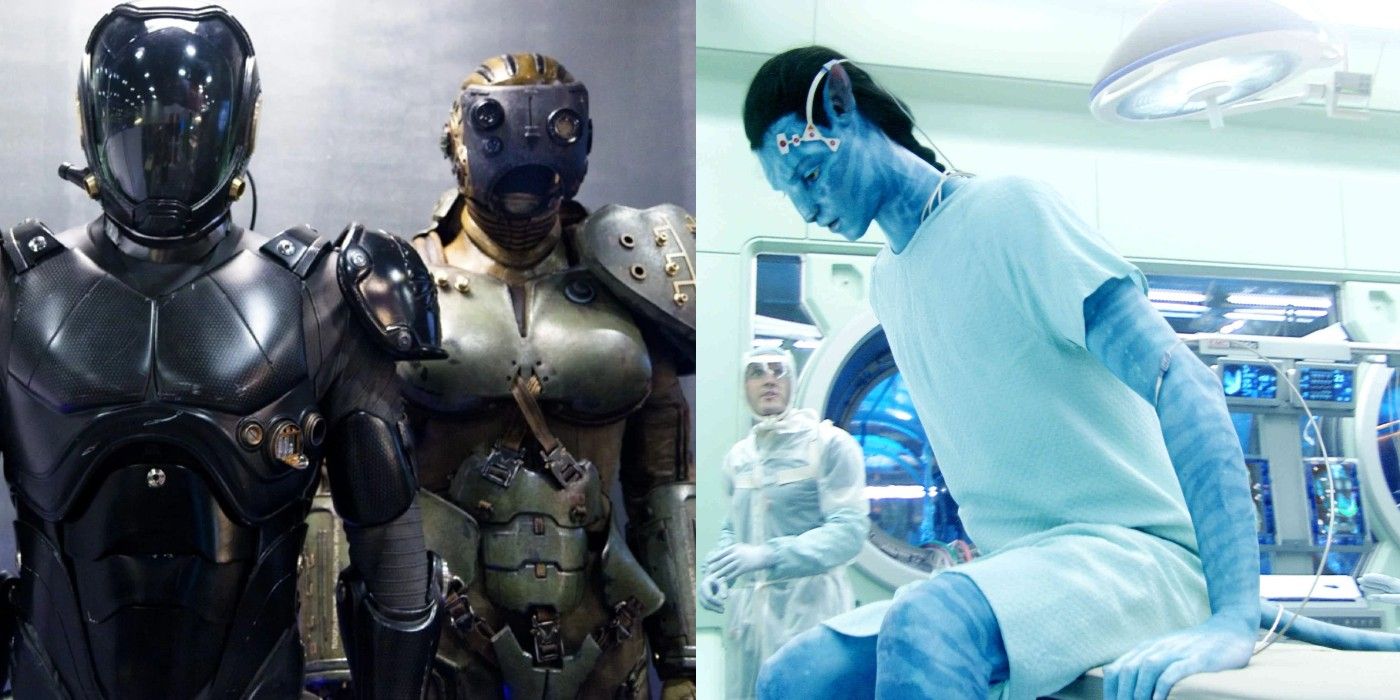 A split image of the Pacific Rim drivesuit and avatar avatar.