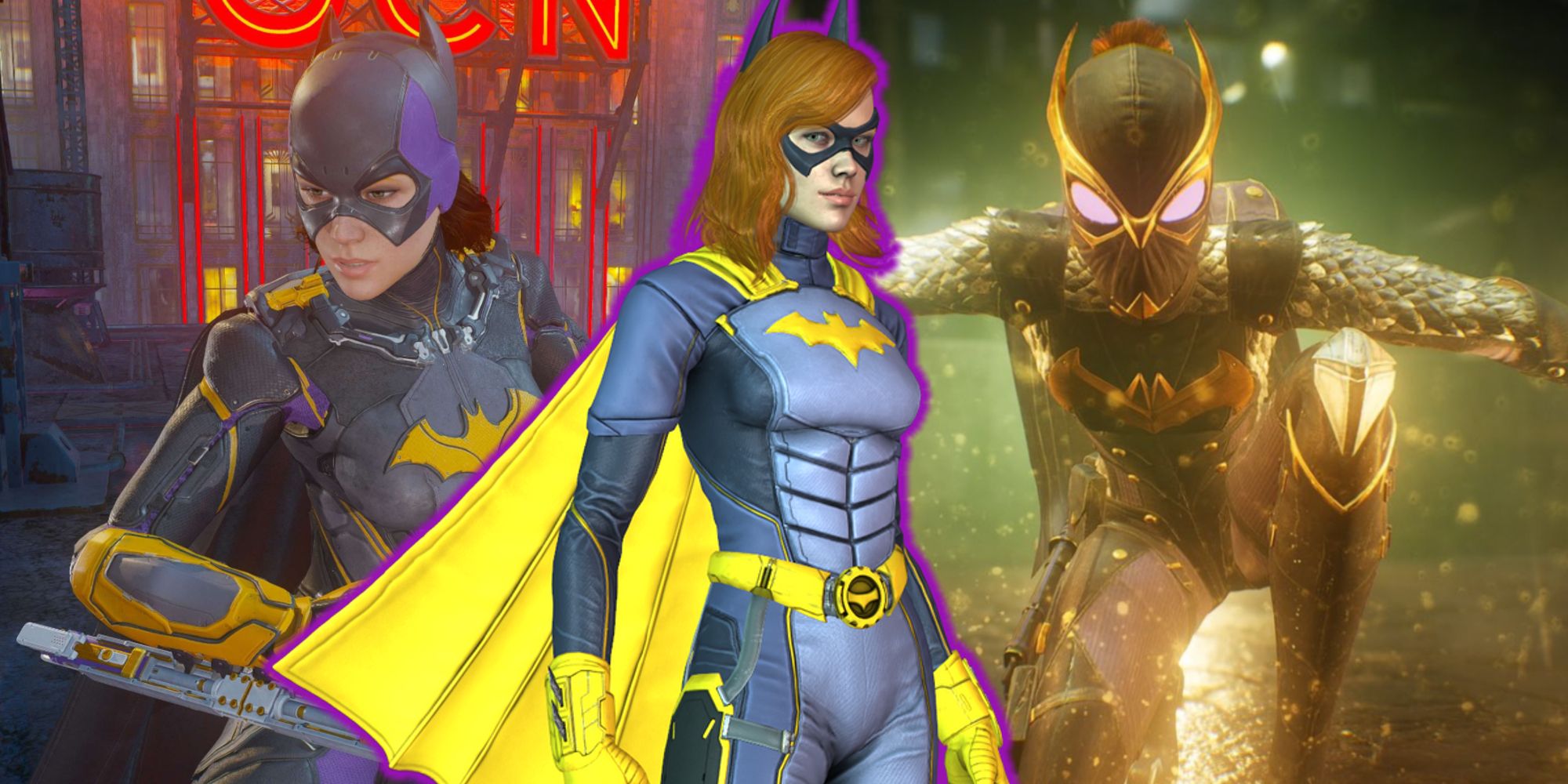 Split image of various Batgirl suits in Gotham Knights