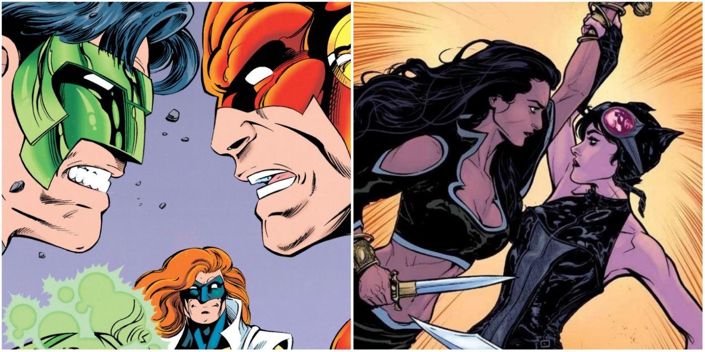 split image with Green Lantern vs. Wally West and Talia al Ghul vs. Catwoman