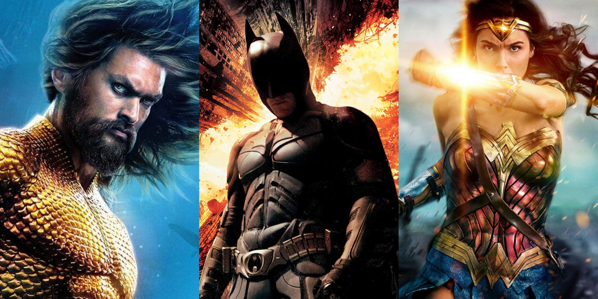 Split images of Aquaman, The Dark Knight Rises, and Wonder Woman