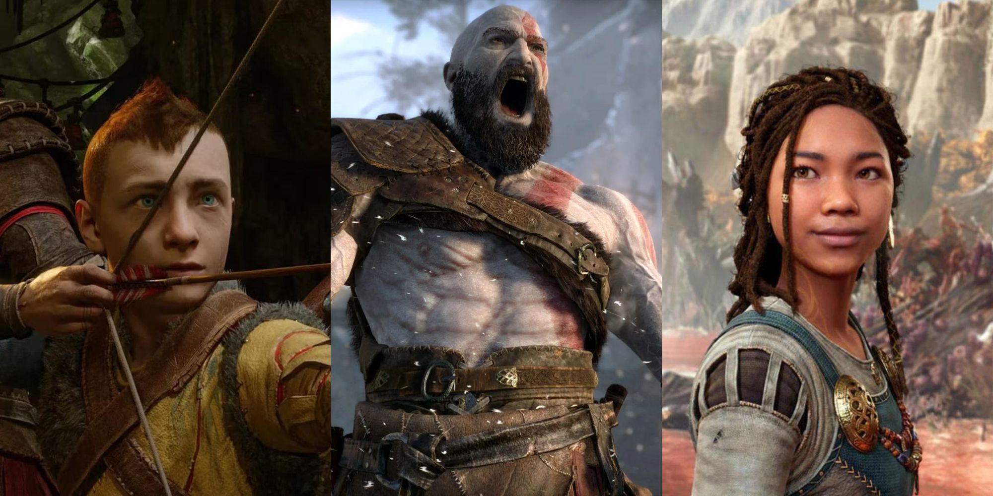 Split images of Atreus, Kratos, and Angrboda in God of War