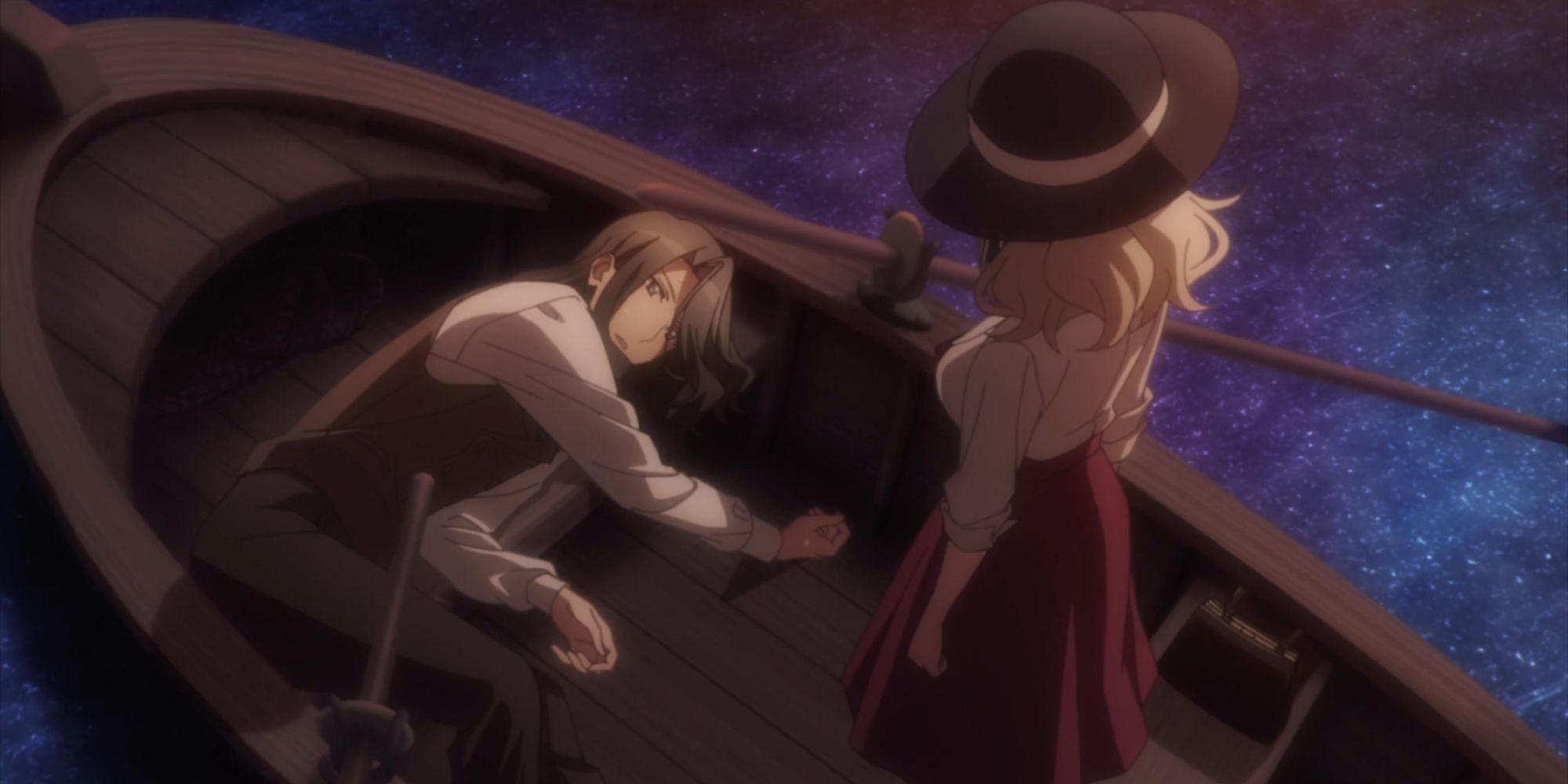 Lily está sobre um Klaus incapacitado em um barco a remo na Spy Classroom.