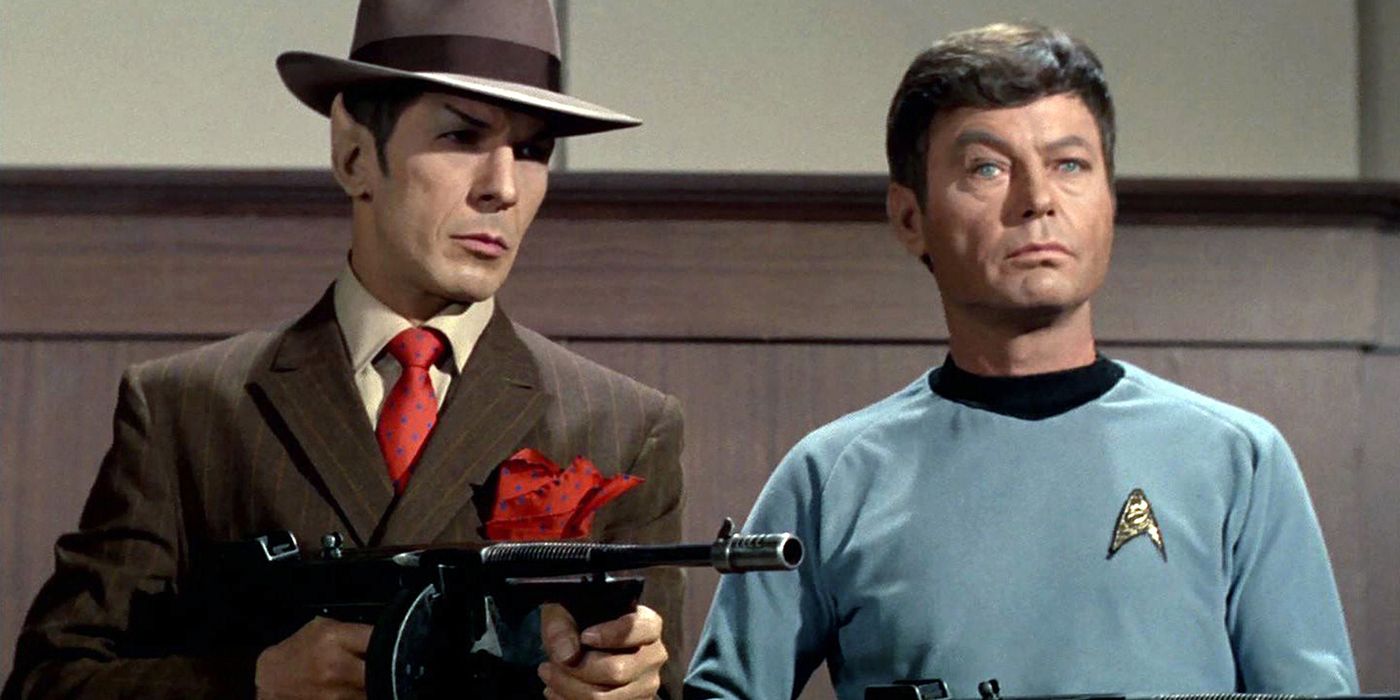 Spock and McCoy hold Tommy guns in the first episode of Star Trek 