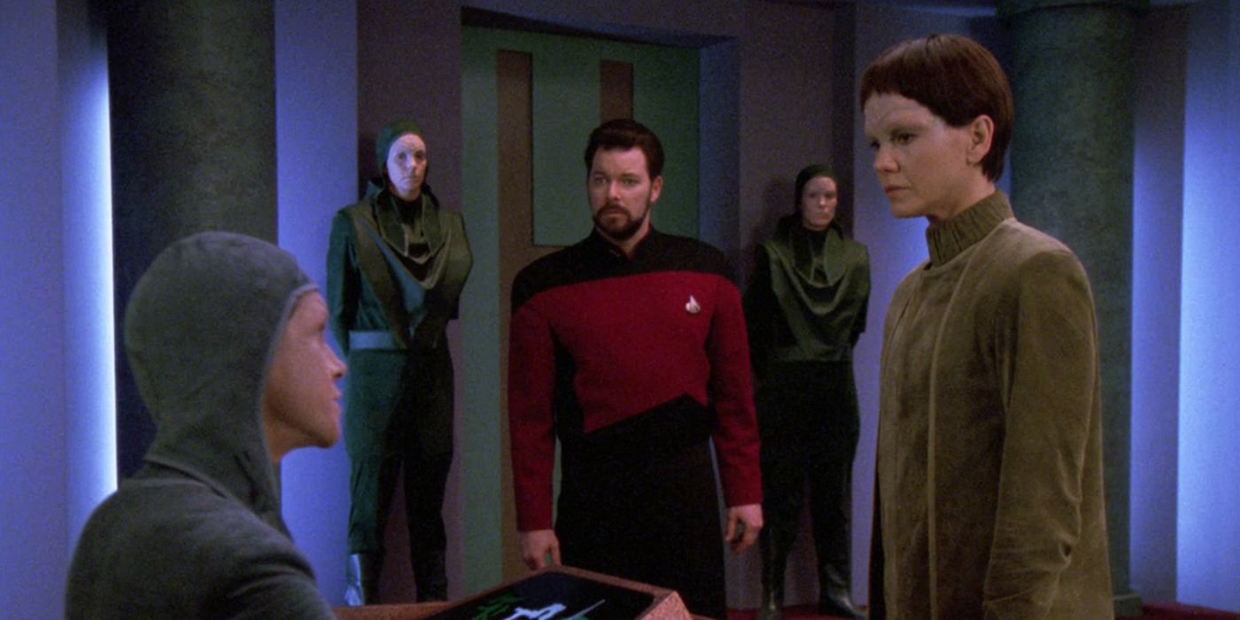 The character Soren talks to a superior in the episode "The Outcast" on Star Trek The Next Generation.