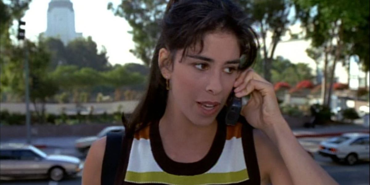 Sarah Silverman talks on a communication device while guest starring in the episode "The Futures End" on Star Trek: Voyager 