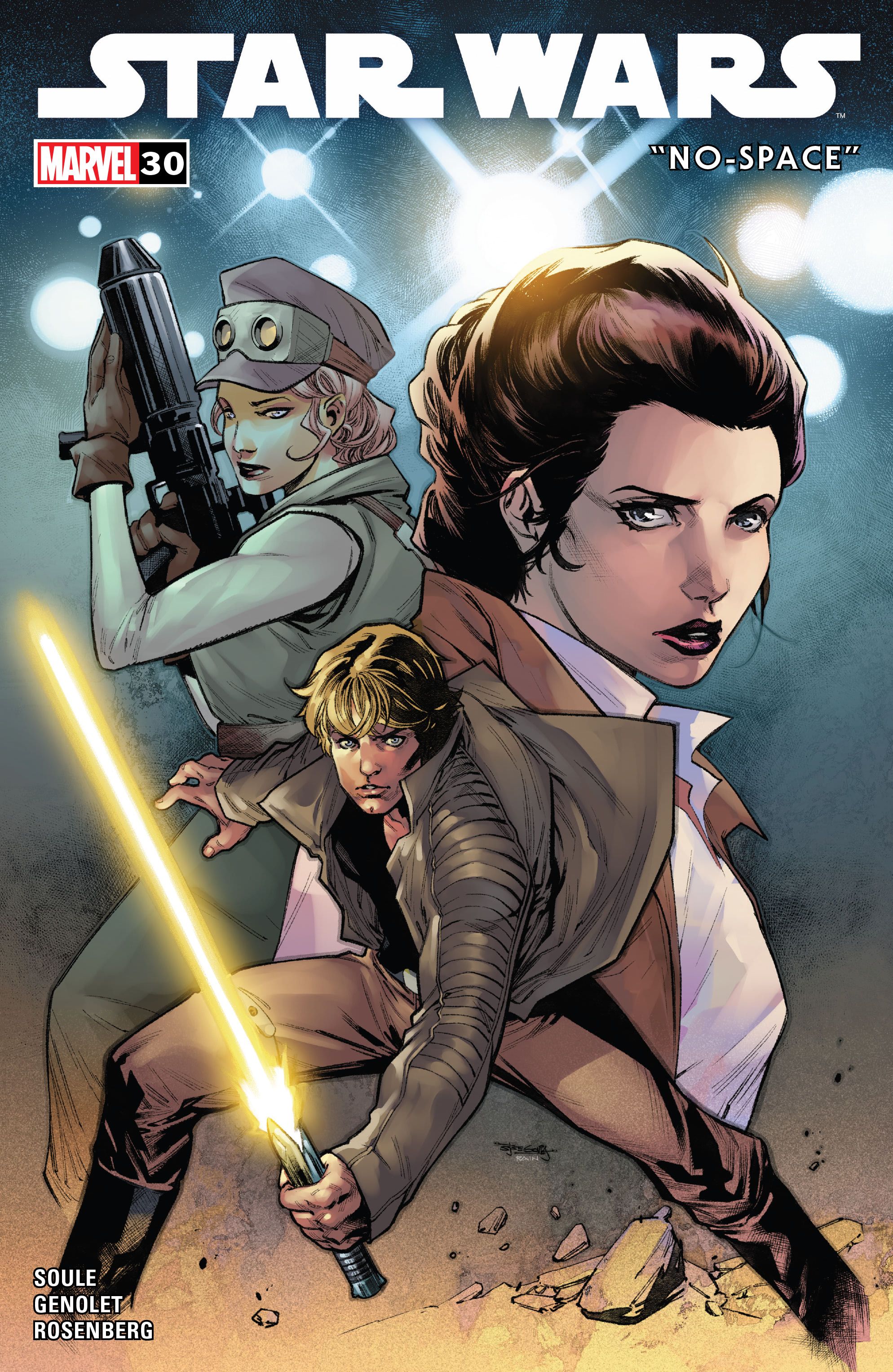 Luke Skywalker, Princess Leia, and a female soldier on the cover of Star Wars #30