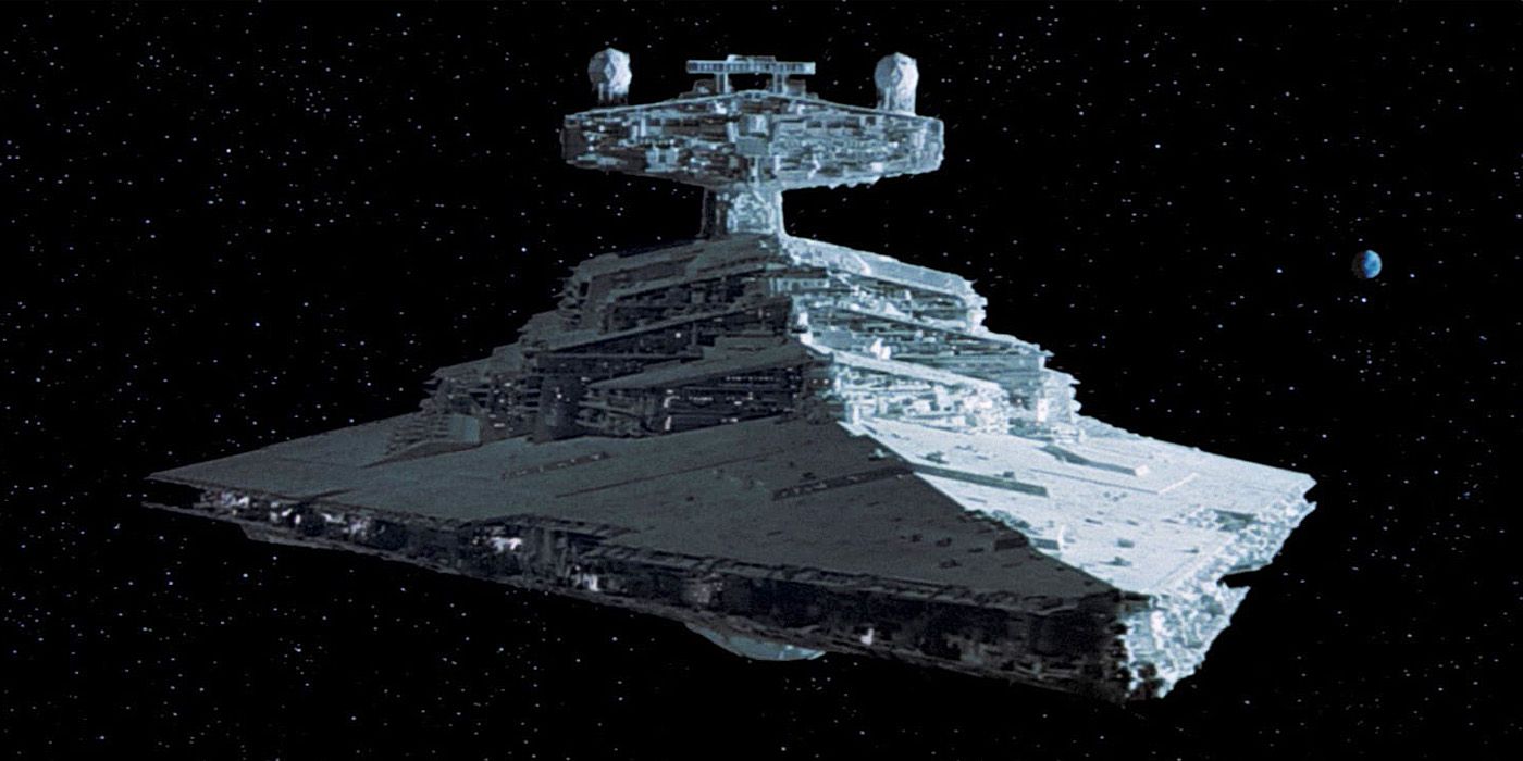 A Star Destroyer in space from Star Wars.