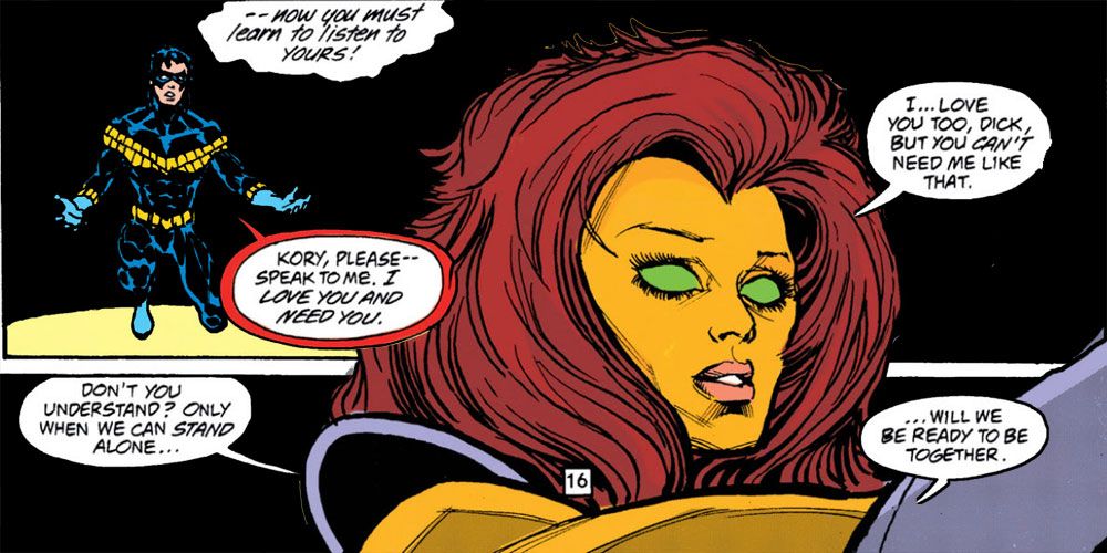 Starfire has a hallucination that helps her realize that she and Nightwing need to be apart.