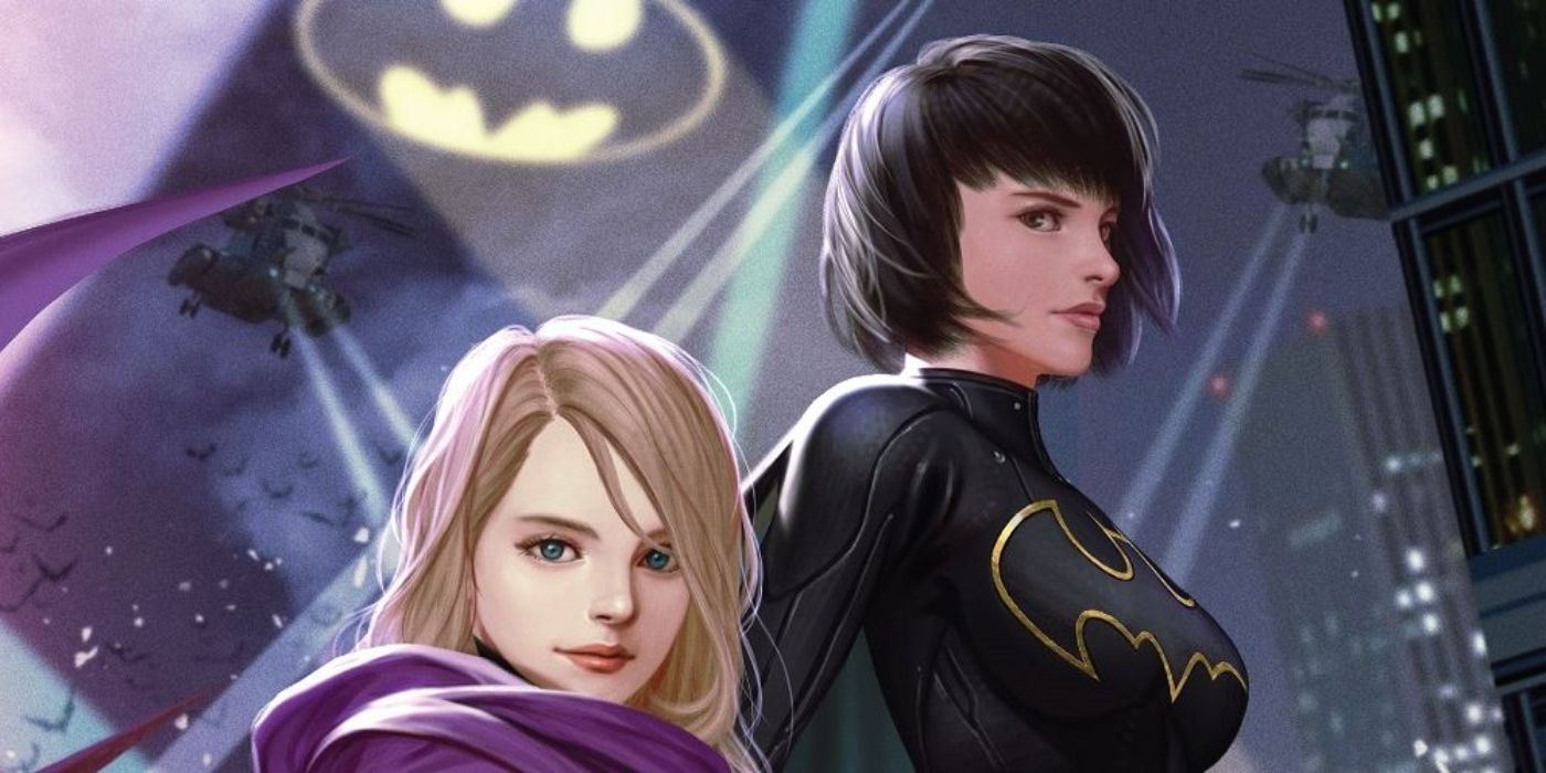 Stephanie Brown and Cassandra Cain in Gotham City with the Bat Signal lit up behind them in Batgirls