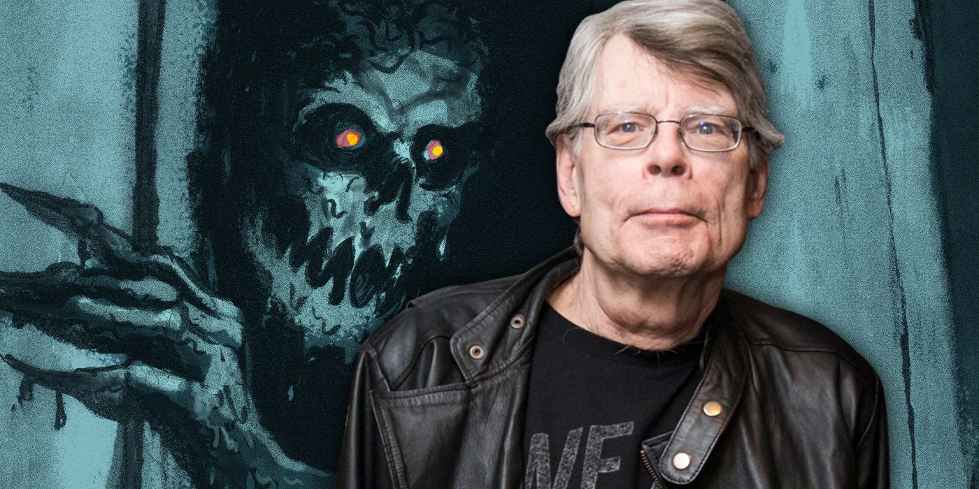 Stephen King in front of an illustration of a skull-like creature in a doorway for The Boogeyman.