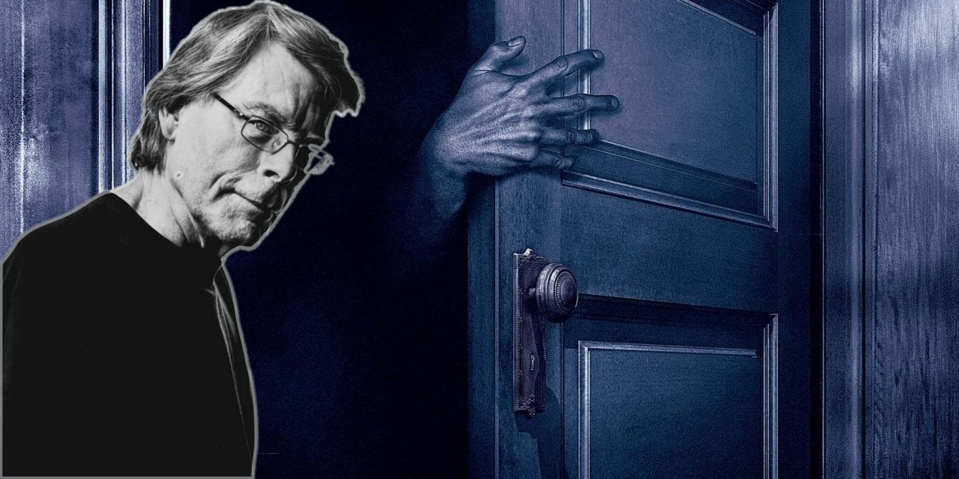 Stephen King in front of an image of a hand coming out to clutch a partially open door.