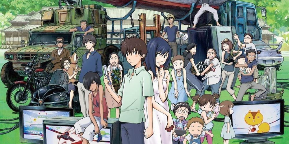 Summer Wars cast outside together with trucks and TVs.