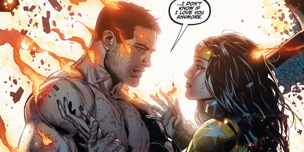 Superman breaks up with Wonder Woman while she saves him from a burning spaceship.