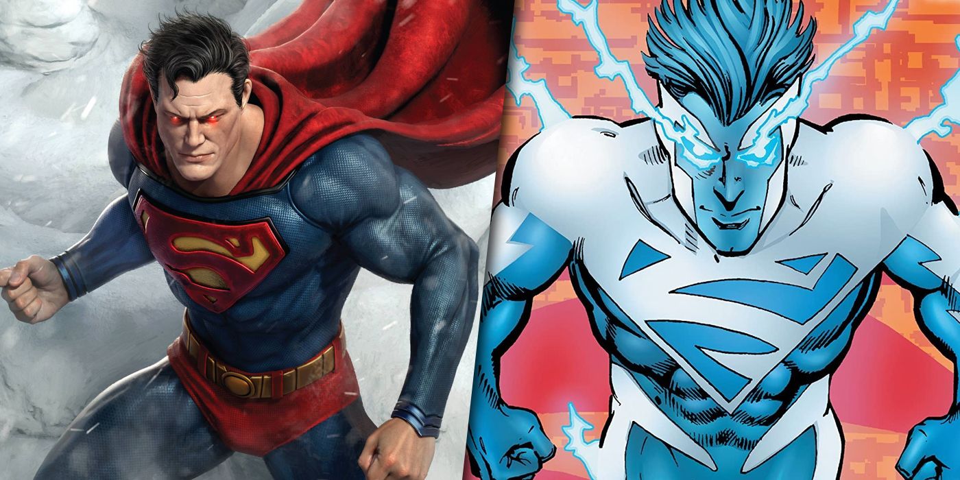Superman in his original costume and his redesigned electric blue suit split image