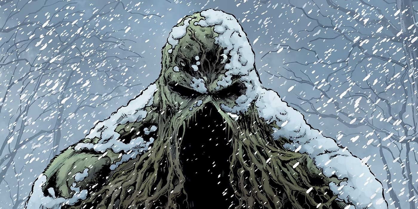 Une image DC Comics de Swamp Thing couverte de neige, marchant dans un blizzard.