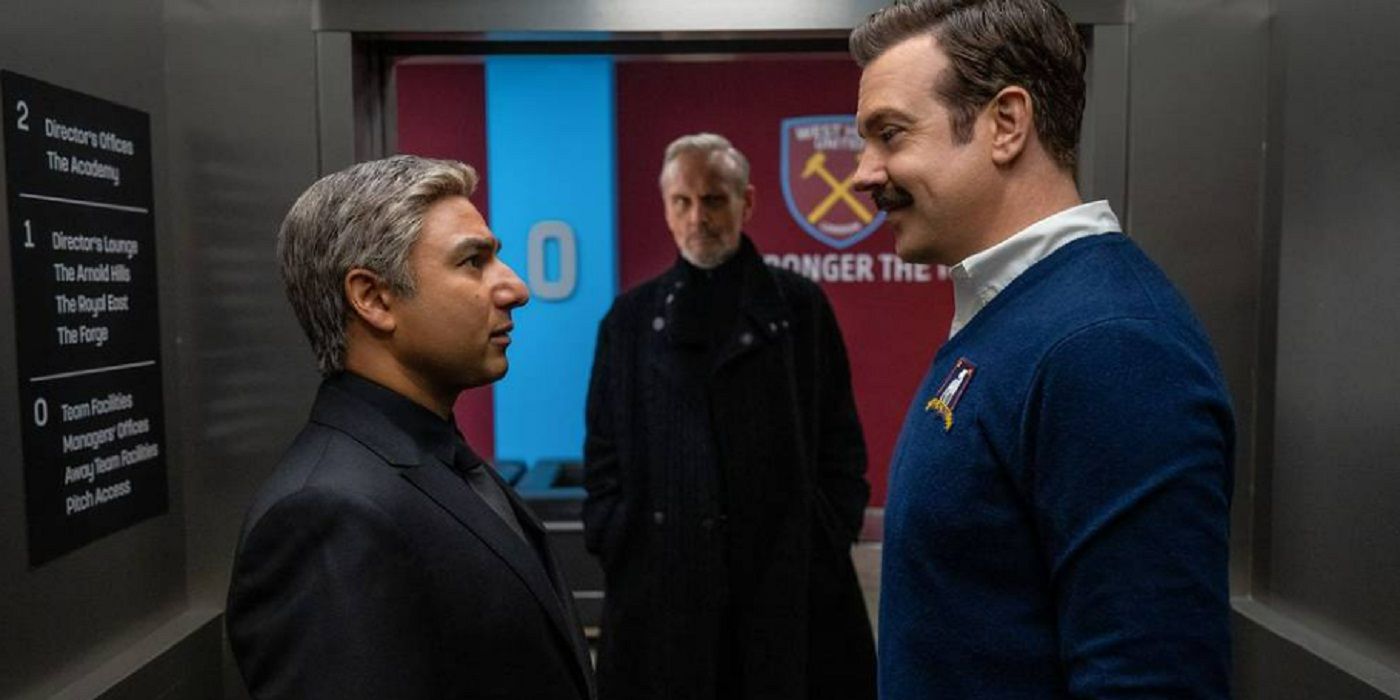 Ted Lasso and Nate Shelley engage in a locker room staredown during Ted Lasso Season 3 promotional photo