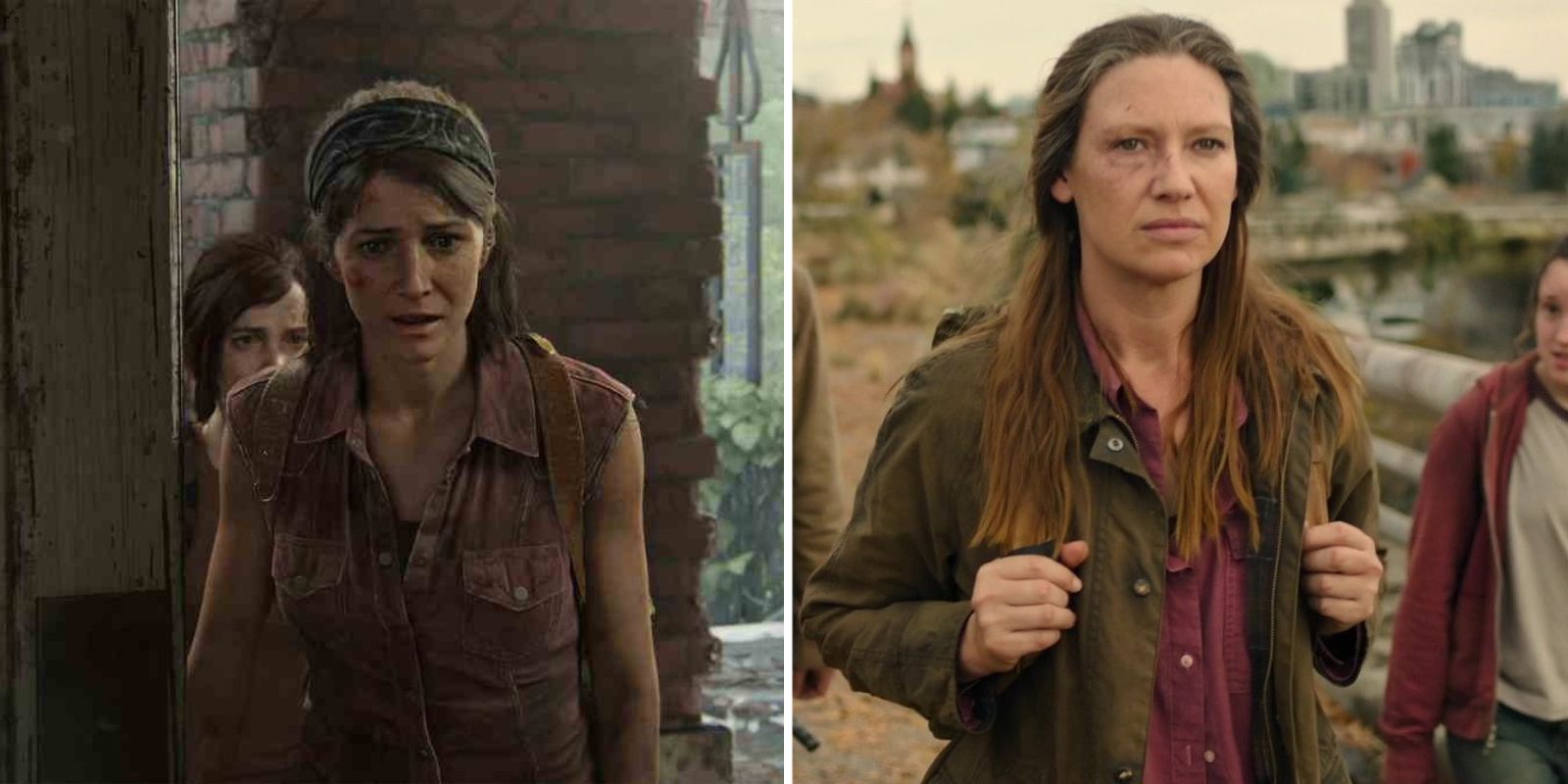 Tess is distraught after seeing no Fireflies in the capitol building in The Last of Us Part I and Anna Torv as Tess walks along the freeway with Joel and Ellie in HBO's The Last of Us