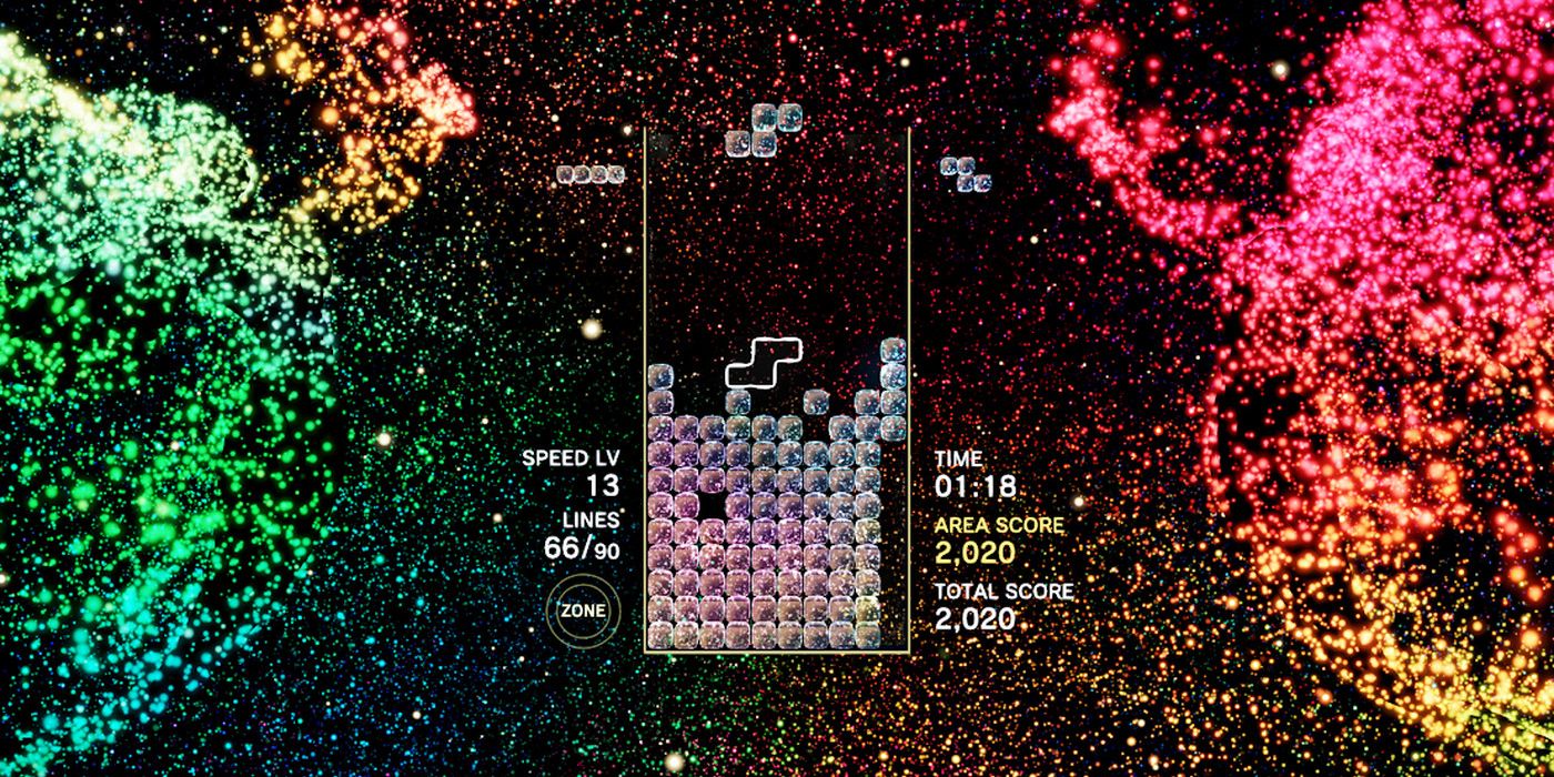La pila de Tetris del jugador está medio llena o medio vacía en el modo Journey de Tetris Effect