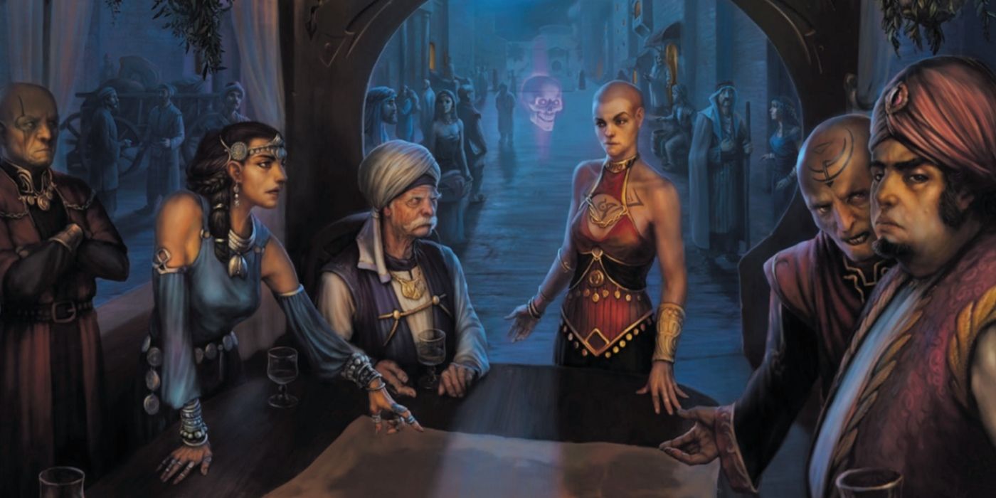 A group of spellcasters arguing on the cover of Thay: Land of the Red Wizards DnD sourcebook and adventure