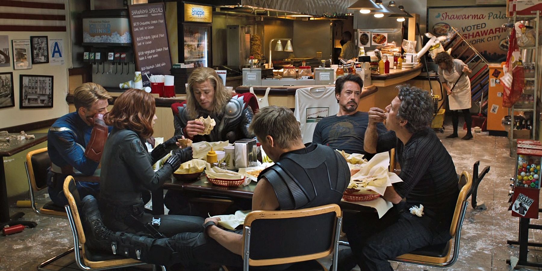 The Avengers eating after the battle