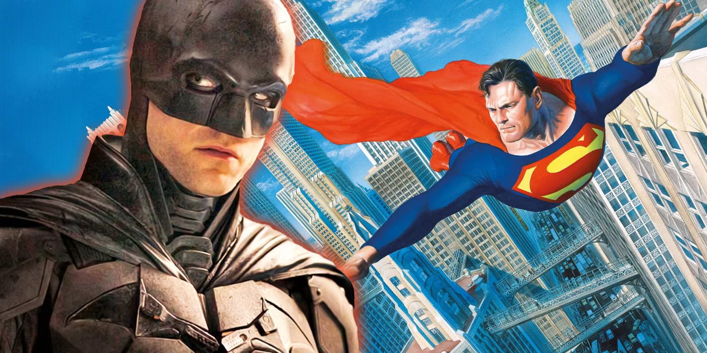 Robert Pattinson's Batman next to a flying Superman in Metropolis
