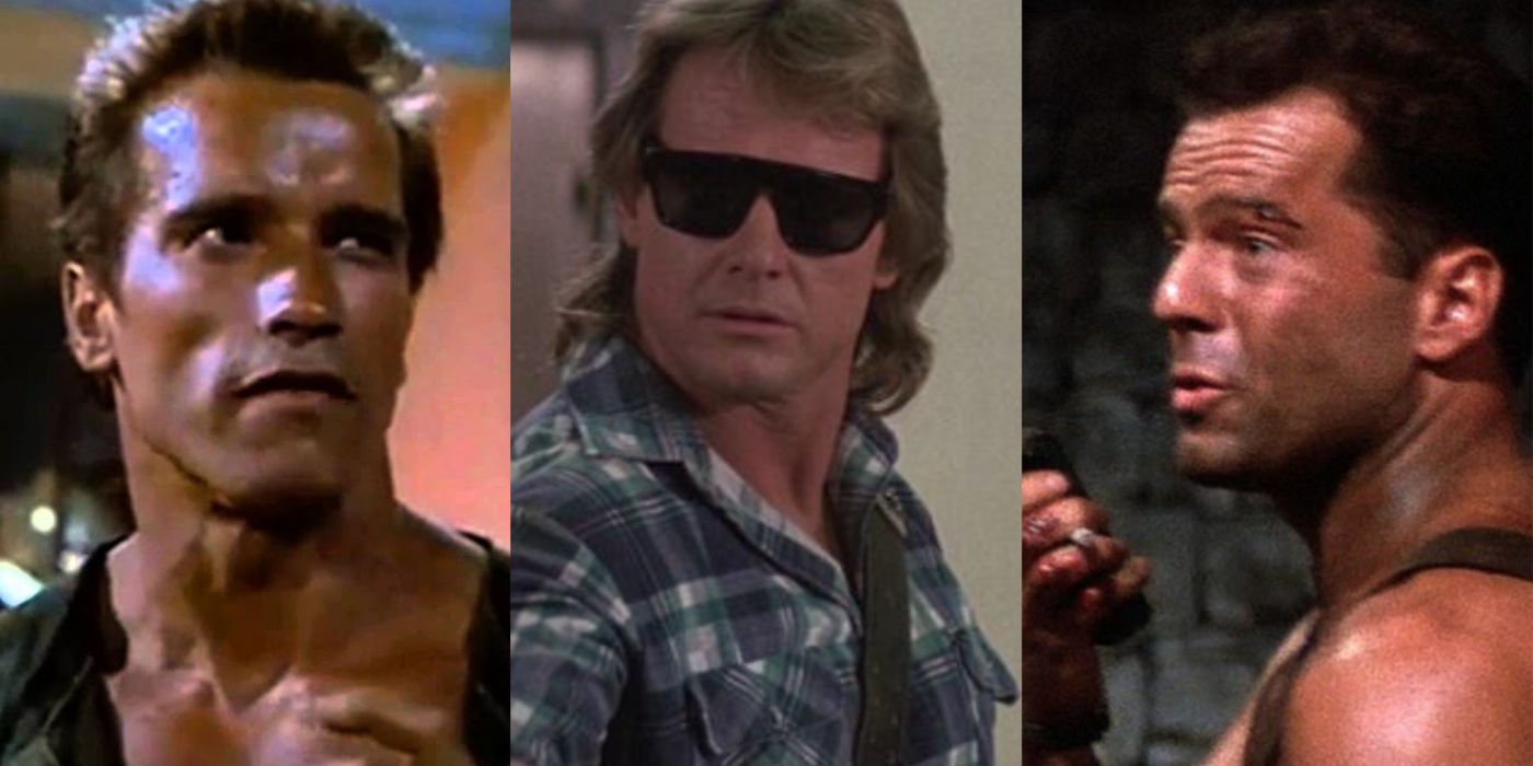 Split image showing scenes from Commando, Die Hard and They Live