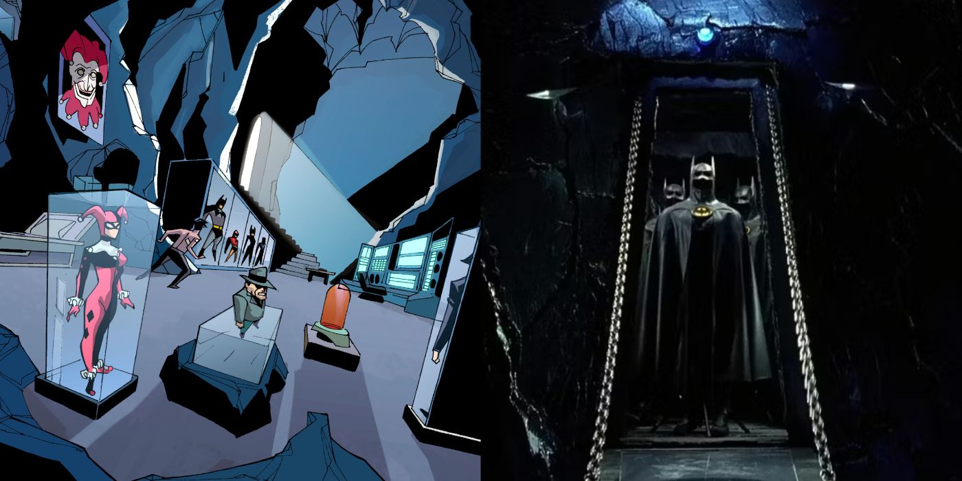 Split image showing Batcaves from Batman Beyond and Batman Returns