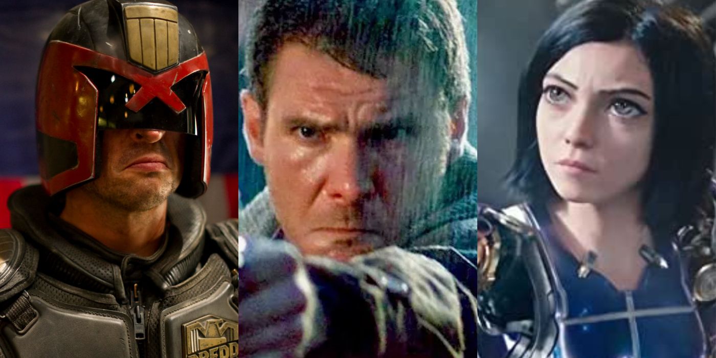 Split image showing scenes from Dredd, Alita, and Blade Runner