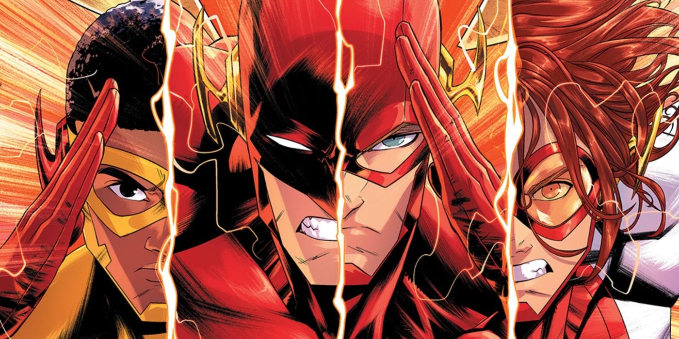 Wally West II, Barry Allen, Wally West, and Bart Allen in their Flash uniforms in DC Comics