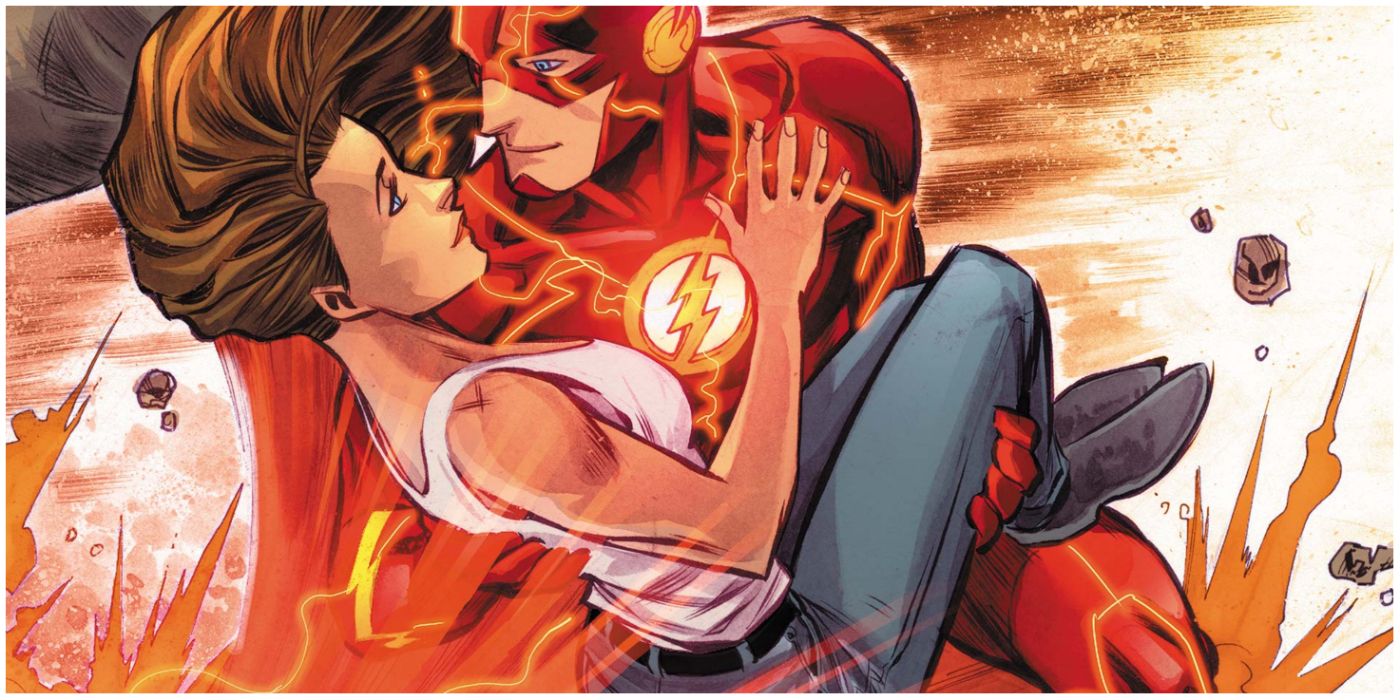 The Flash running and holding Iris West in his arms in DC comics