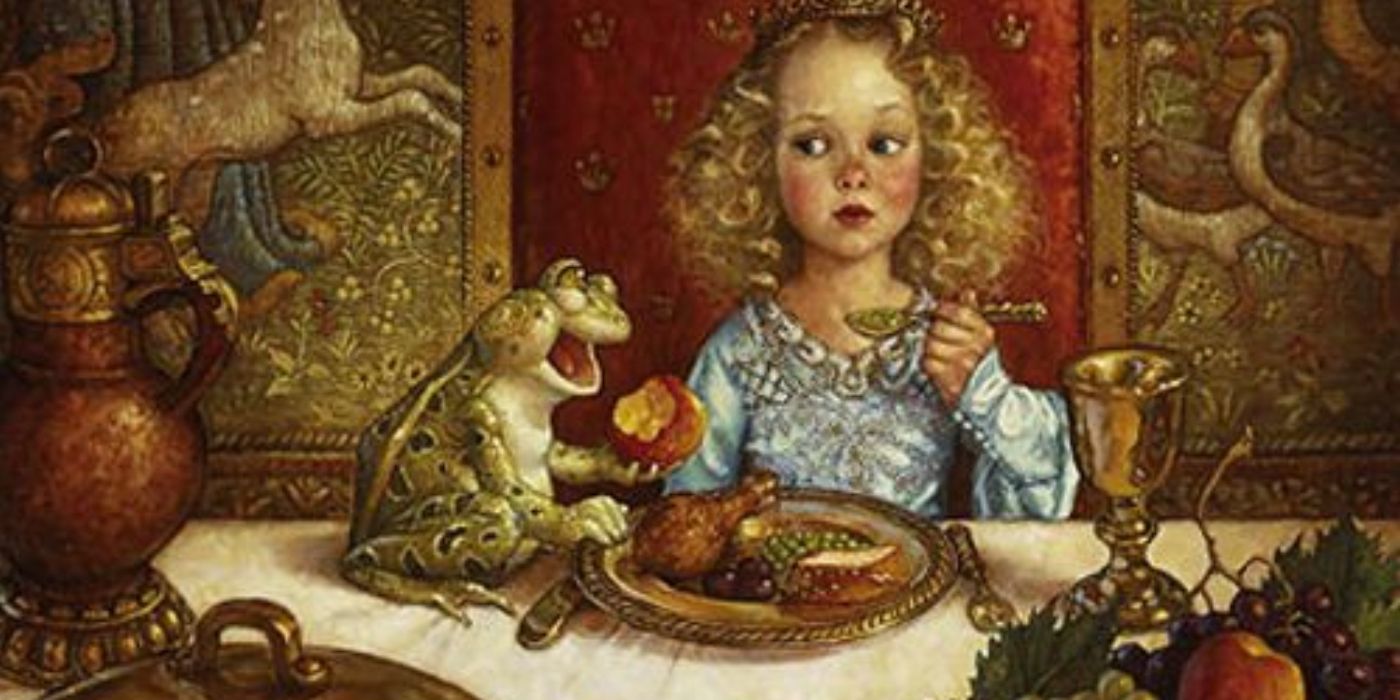 A girl eating with a frog in a fairy tale depiction of the frog king. 