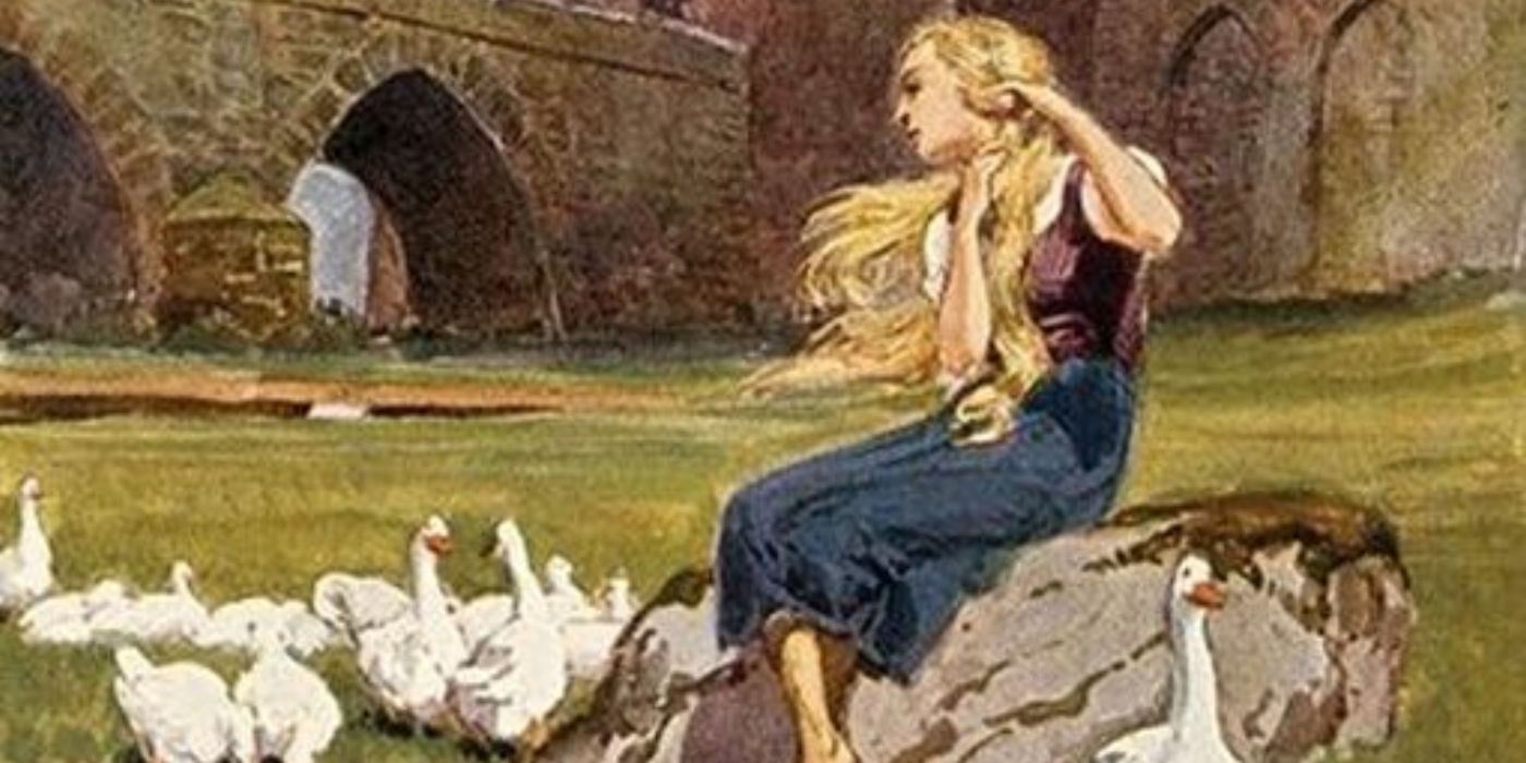 A woman surrounded by geese in the fairy tale 