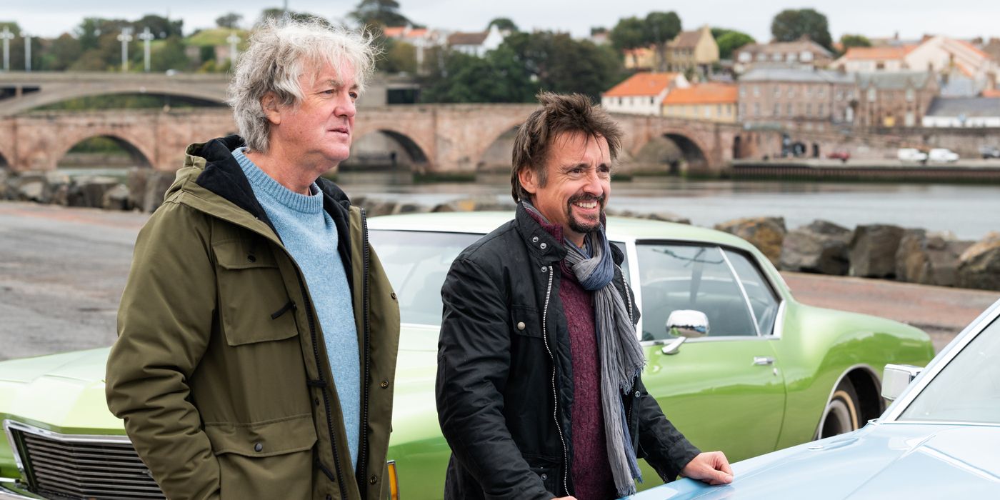 James May and Richard Hammond standing with cars on The Grand Tour