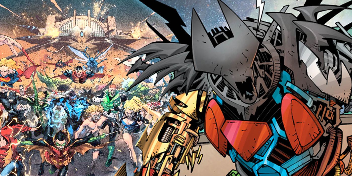 Justice League's mecha with the Hall of Justice and multiversal heroes in the background