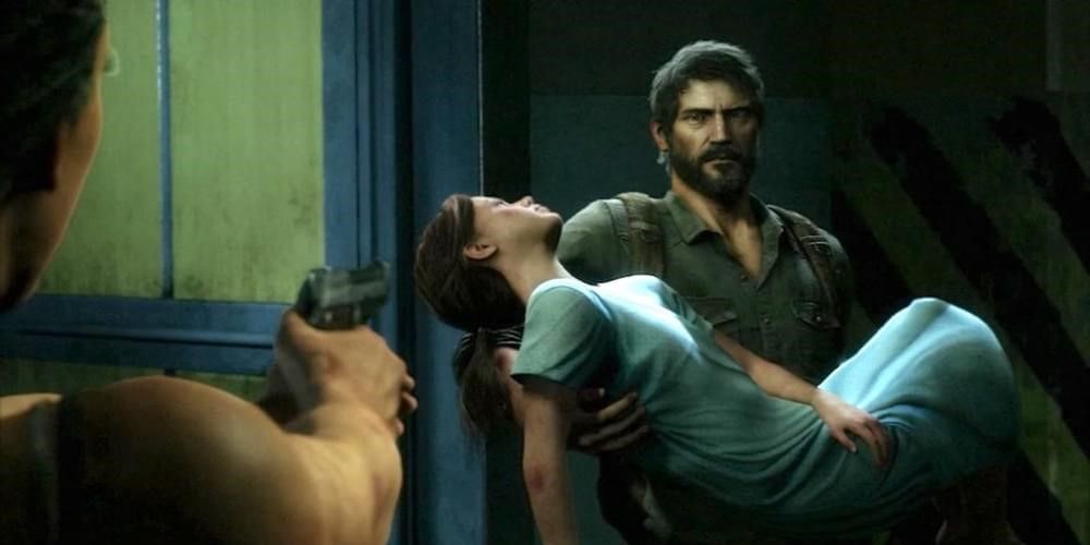 Joel carries Ellie out of the hospital in The Last Of Us.